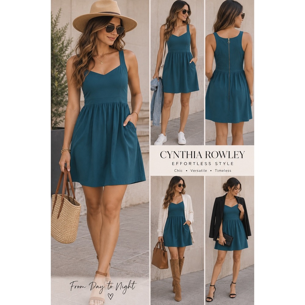 Cynthia Rowley Teal Blue Racerback Fit & Flare Mini Women Dress w/ Pockets Large